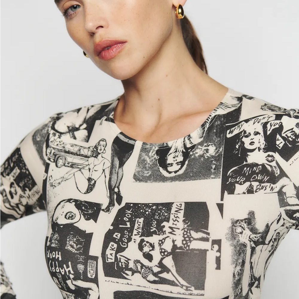 Reformation Black and Cream Graphic Long Sleeve Dress - Picture 2 of 3